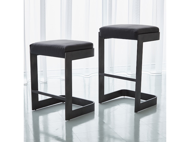 Global Views Casual Dining Regan Low Bar Stool with Black Leather-Graphite 7.90826 at Norwood Furniture