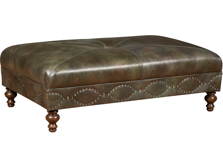 King Hickory Living Room Capital Rectangle Large Ottoman with Miter and Button Top and Turned Leg in Leather 3R-LNT-L at Norwood Furniture