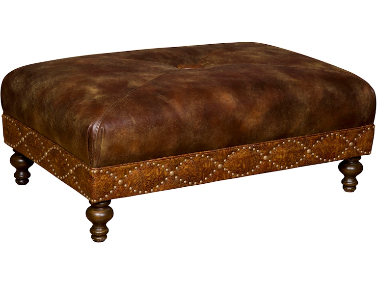 King Hickory Living Room Capital Rectangle Medium Ottoman with Miter and Button Top and Turned Leg in Leather 3R-MNT-L at Norwood Furniture