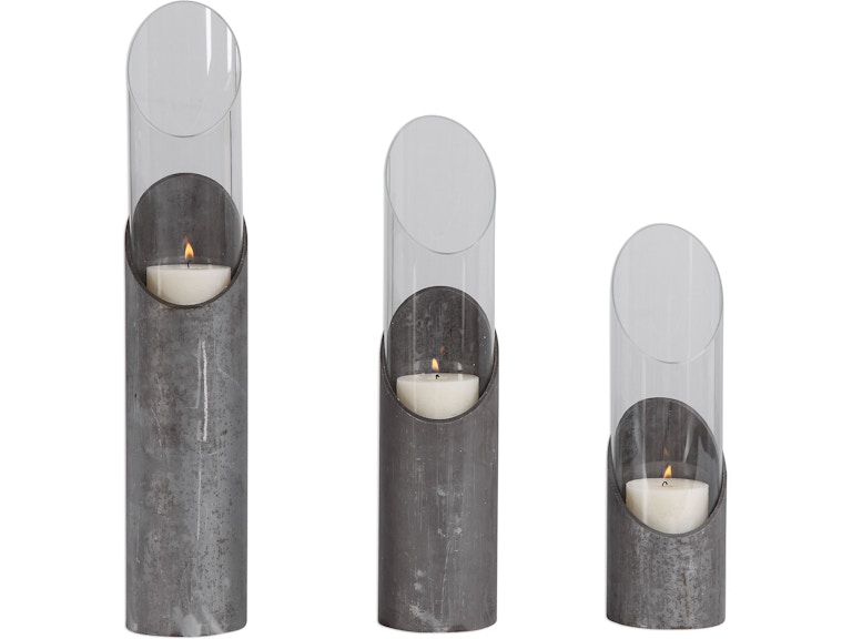 Uttermost Home Accents Karter Iron And Glass Candleholders Set/3 17518 At Norwood Furniture