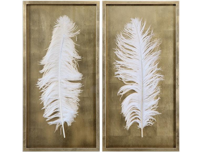 Uttermost Wall Decor White Feathers Gold Shadow Box Set/2 04057 at Norwood Furniture